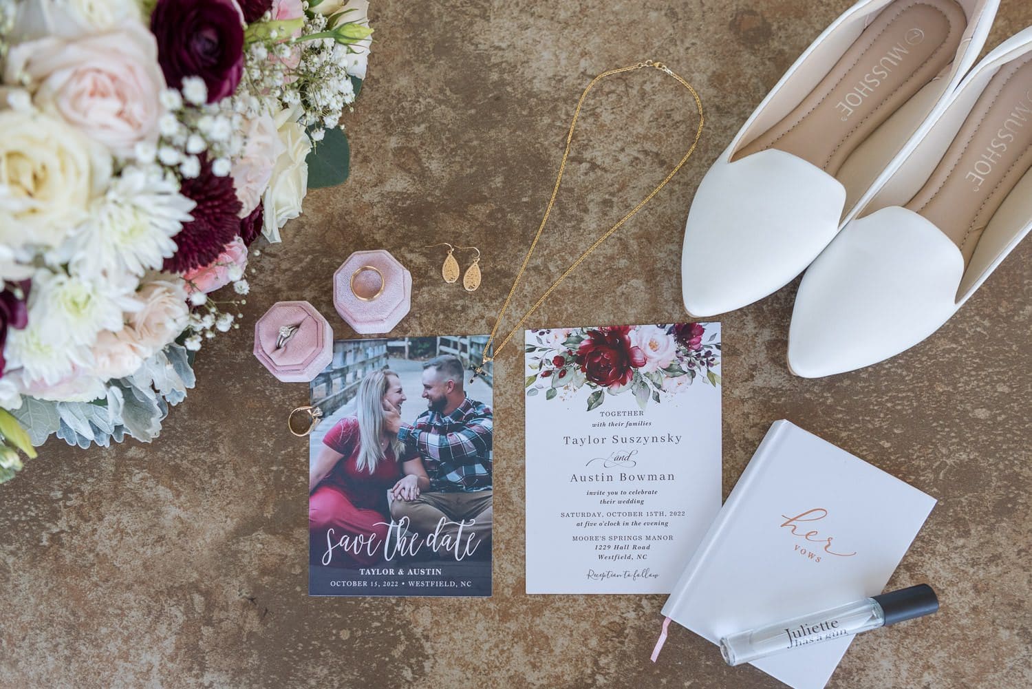 Atlanta Wedding Photographer FAQ - overhead view of bride's details, invitation, jewelry, shoes & bouquet