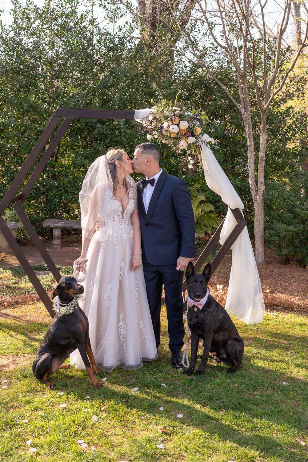 Atlanta Wedding Photographer FAQ - family portrait, bride & groom with their dogs