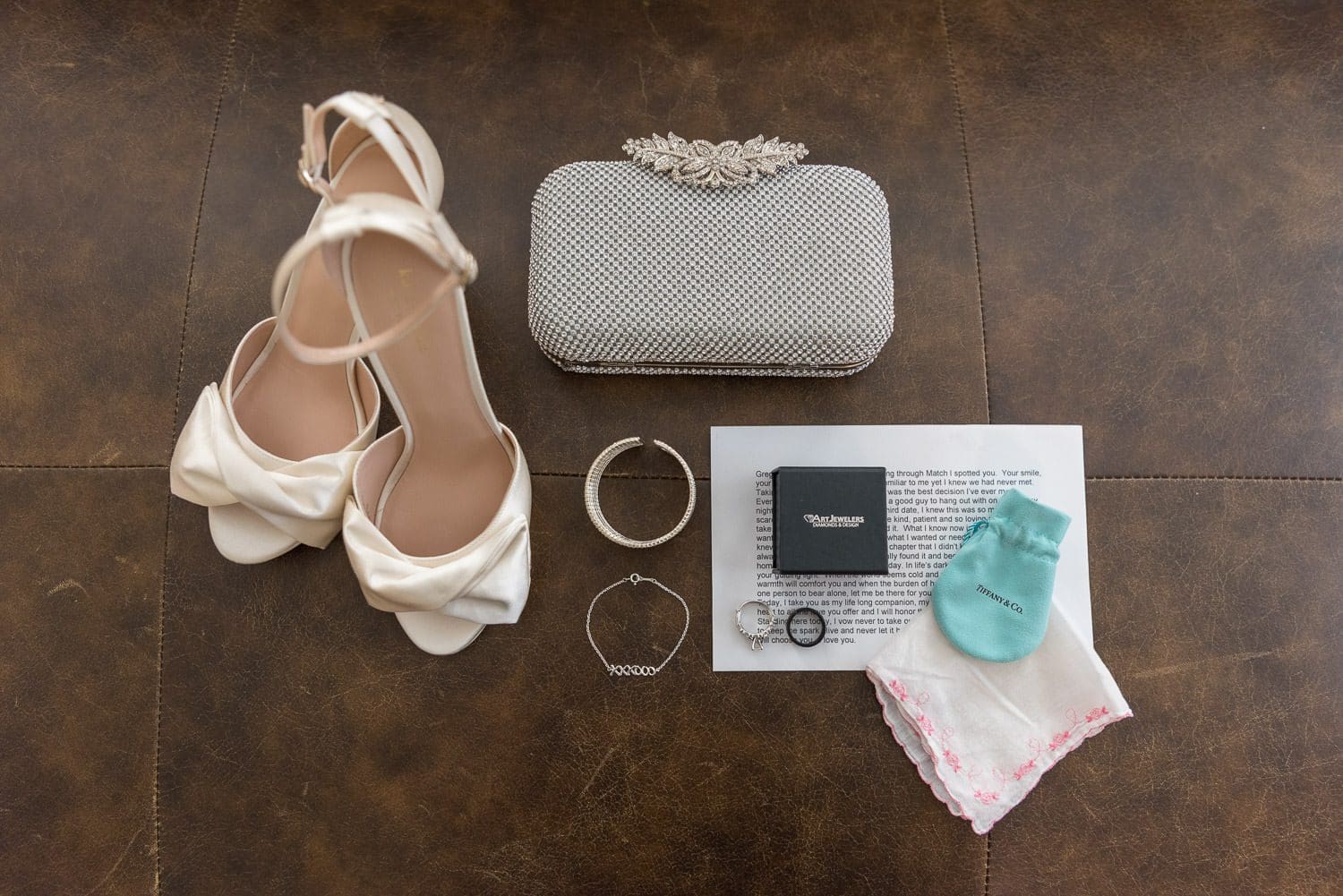 Planning private home wedding - flat lay/aerial shot of bride's details (pre-ceremony)